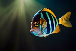 un Orange et noir rayé poisson avec brillant lumière. généré par ai photo