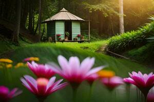 photo fond d'écran le soleil, fleurs, herbe, loger, jardin, le forêt, le maison,. généré par ai