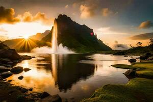 le Soleil monte plus de une cascade dans le montagnes. généré par ai photo