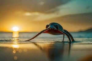 une petit poulpe est en marchant sur le plage à le coucher du soleil. généré par ai photo