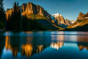 le montagnes sont réfléchi dans le l'eau à le coucher du soleil. généré par ai photo