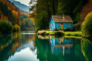 une bleu maison est assis sur le bord de une lac. généré par ai photo