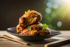 poulet ailes sur une assiette avec baguettes. généré par ai photo