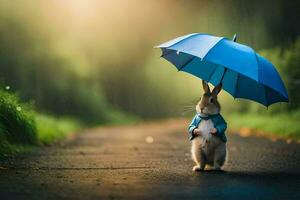 une lapin est permanent sur une route avec un parapluie. généré par ai photo