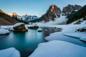 une congelé Lac entouré par neige couvert montagnes. généré par ai photo