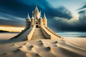 une le sable Château sur le plage avec une orageux ciel. généré par ai photo