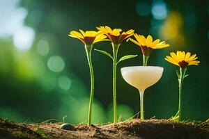 une verre de limonade avec Jaune fleurs dans le saleté. généré par ai photo