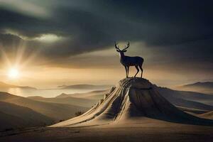 une cerf des stands sur Haut de une Montagne à le coucher du soleil. généré par ai photo
