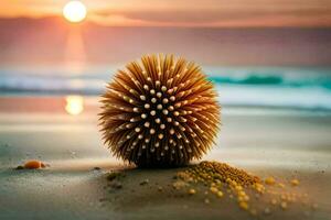 une épineux Balle de le sable sur le plage à le coucher du soleil. généré par ai photo