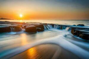 une magnifique le coucher du soleil plus de le océan avec vagues s'écraser dans rochers. généré par ai photo