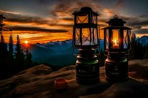 deux lanternes asseoir sur Haut de une Montagne avec une le coucher du soleil dans le Contexte. généré par ai photo