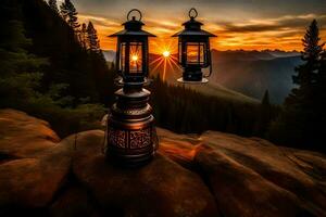 deux lanternes sur Haut de une Montagne à le coucher du soleil. généré par ai photo