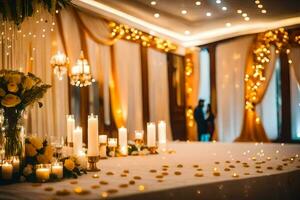 une mariage accueil table avec bougies et fleurs. généré par ai photo