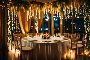 une mariage accueil table avec bougies et lumières. généré par ai photo