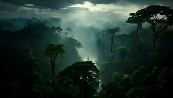 magnifique paysage de tropical forêt tropicale avec brouillard dans le Matin ai généré photo