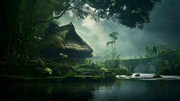 tropical forêt tropicale avec traditionnel cabane dans ai généré photo