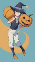 en train de préparer pour Halloween une Jeune garçon et le sien citrouille dans anime style avec Facile Contexte photo