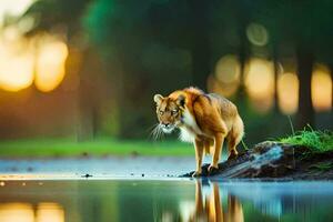 une Lion permanent sur le bord de une lac. généré par ai photo