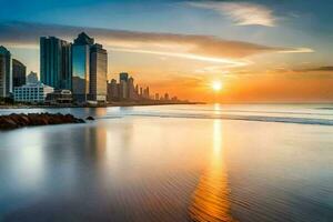 le Soleil ensembles plus de le ville horizon dans Dubai. généré par ai photo