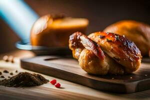 rôti poulet sur une en bois Coupe planche. généré par ai photo