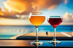 deux des lunettes de du vin sur une table avec le océan dans le Contexte. généré par ai photo