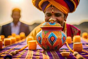 une homme dans une coloré turban est en portant une pot. généré par ai photo