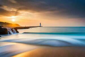 une phare et vagues à le coucher du soleil. généré par ai photo