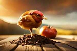 une poulet permanent sur Haut de une pile de saleté. généré par ai photo