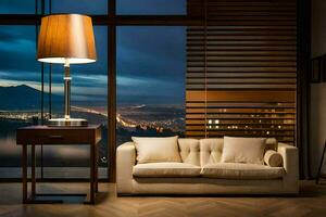 une vivant pièce avec une canapé et lampe. généré par ai photo