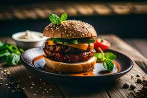 une Hamburger avec fromage et sauce sur une plaque. généré par ai photo