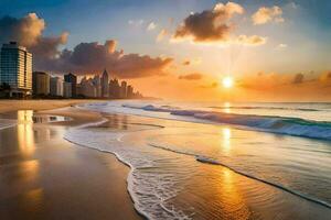 le Soleil ensembles plus de le ville horizon dans Dubai. généré par ai photo