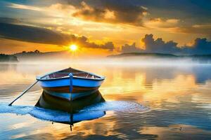 le bateau est flottant sur le calme l'eau à le coucher du soleil. généré par ai photo