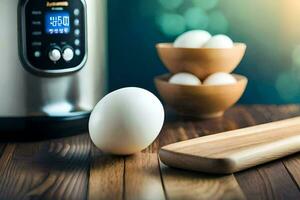 un Oeuf séance sur une Coupe planche suivant à un électrique pression cuisinier. généré par ai photo