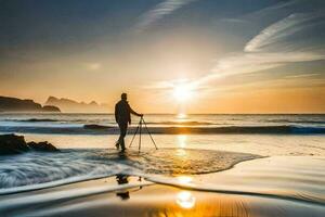 une homme avec une caméra permanent sur le plage à le coucher du soleil. généré par ai photo