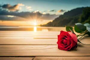 rouge Rose sur le en bois table avec le coucher du soleil dans le Contexte. généré par ai photo