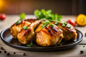 grillé poulet sur une assiette avec herbes et épices. généré par ai photo