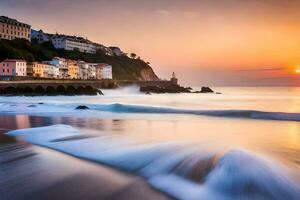 le Soleil ensembles plus de le océan et Maisons sur le plage. généré par ai photo