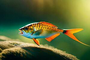 une poisson avec Orange et Jaune palmes est permanent sur Haut de une rock. généré par ai photo