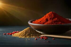 rouge le Chili poudre dans une bol et épices sur une en bois tableau. généré par ai photo