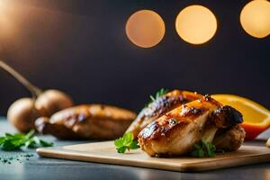 grillé poulet sur une en bois Coupe planche avec Orange tranches. généré par ai photo