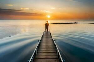 une homme permanent sur une Dock à le coucher du soleil. généré par ai photo