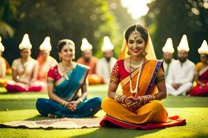 Indien la mariée dans traditionnel tenue séance sur le herbe. généré par ai photo