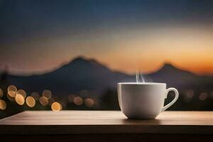 une tasse de café sur une table avec montagnes dans le Contexte. généré par ai photo