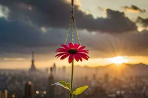 une rose fleur est pendaison de une chaîne dans de face de une ville ligne d'horizon. généré par ai photo
