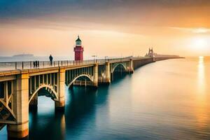 le Soleil est réglage plus de une pont avec une phare. généré par ai photo