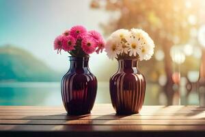 deux des vases avec fleurs sur une tableau. généré par ai photo