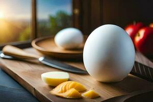 un Oeuf et une couteau sur une Coupe planche. généré par ai photo