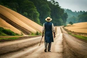 une homme dans une chapeau et gilet en marchant vers le bas une saleté route. généré par ai photo