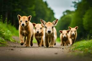 une groupe de petit chiens fonctionnement vers le bas une route. généré par ai photo