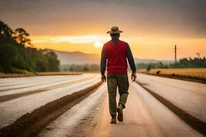 une homme en marchant vers le bas une route à le coucher du soleil. généré par ai photo